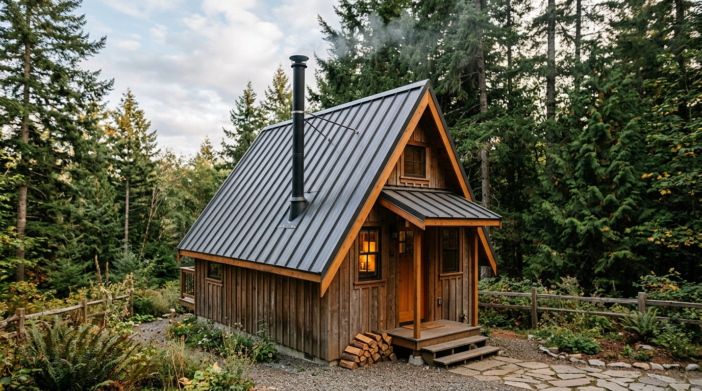 Shasta Vent chimney pipe coming out of a tiny home